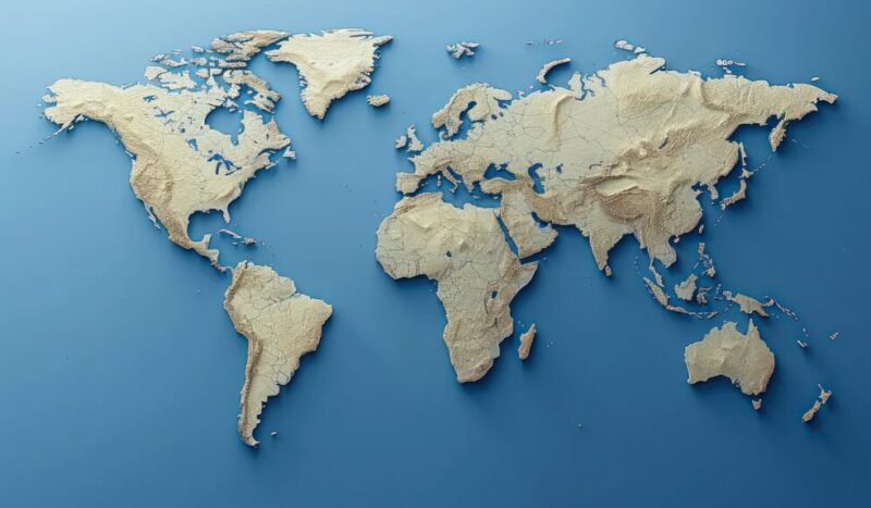 A world map displayed against a solid blue background